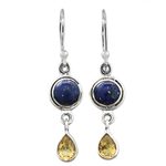 Lapis lazuli and citrine dangle earrings, 'Drops of Sun' - Lapis Lazuli and Citrine Sterling Silver Dangle Earrings