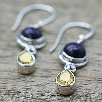 Lapis lazuli and citrine dangle earrings, 'Drops of Sun' - Lapis Lazuli and Citrine Sterling Silver Dangle Earrings
