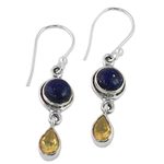 Lapis lazuli and citrine dangle earrings, 'Drops of Sun' - Lapis Lazuli and Citrine Sterling Silver Dangle Earrings