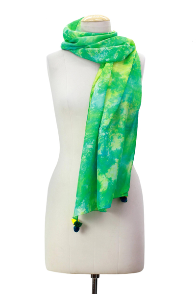 Silk scarf, 'Cool Fascination' - Tie-Dye 100% Silk Scarf Chartreuse Blue from India