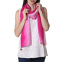Silk scarf, 'Fuchsia Glamour' - Tie Dye 100% Silk Scarf in Fuchsia and Pale Grey from India