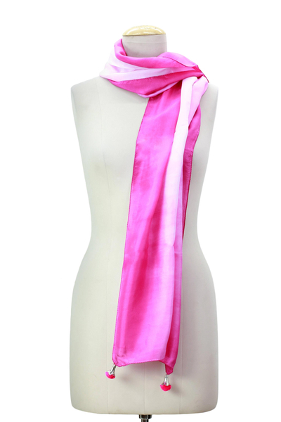 Silk scarf, 'Fuchsia Glamour' - Tie Dye 100% Silk Scarf in Fuchsia and Pale Grey from India