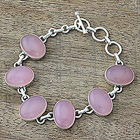 Chalcedony link bracelet, 'Pink Adoration' - Hand Made Chalcedony Sterling Silver Link Bracelet India