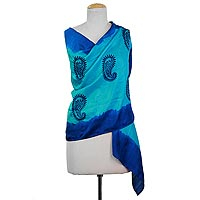 Silk shawl, 'Paisley Fascination in Cyan' - Hand Woven Blue Silk Shawl Paisley Motifs from India