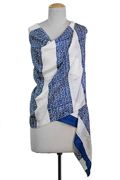 Silk shawl, 'Ancient Script in Royal Blue' - Hand Woven Blue and White Printed Silk Shawl from India