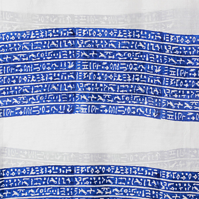 Mantón de seda, 'Ancient Script in Royal Blue' - Mantón de seda estampado en azul y blanco tejido a mano de la India