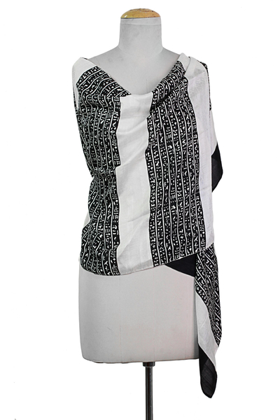Silk shawl, 'Ancient Script in Black' - Hand Woven Black and White Silk Shawl from India