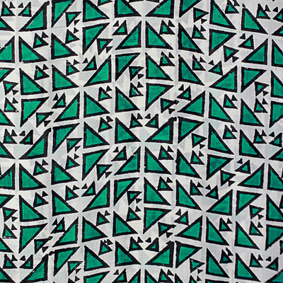 Silk shawl, 'Triangle Attraction in Emerald' - Hand Woven Emerald Ivory Geometric Silk Shawl from India