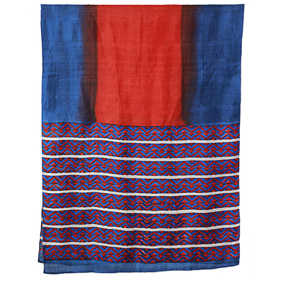 Silk shawl, 'Bengali Festival in Cinnabar' - Hand Woven Cinnabar Azure Geometric Silk Shawl from India