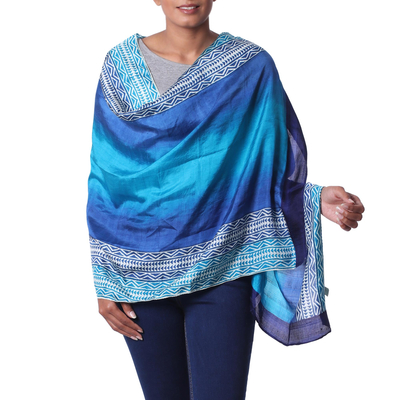 Silk shawl, 'Midnight Muse in Royal Blue' - Hand Woven Blue Printed Geometric Silk Shawl from India