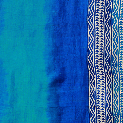 Silk shawl, 'Midnight Muse in Royal Blue' - Hand Woven Blue Printed Geometric Silk Shawl from India