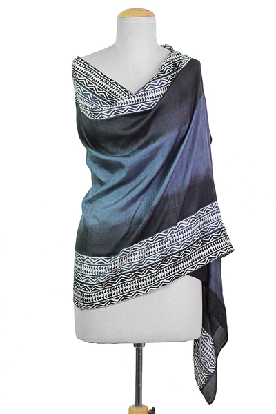 Silk shawl, 'Midnight Muse in Slate' - Hand Woven Slate Geometric Silk Shawl from India