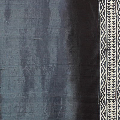 Silk shawl, 'Midnight Muse in Slate' - Hand Woven Slate Geometric Silk Shawl from India
