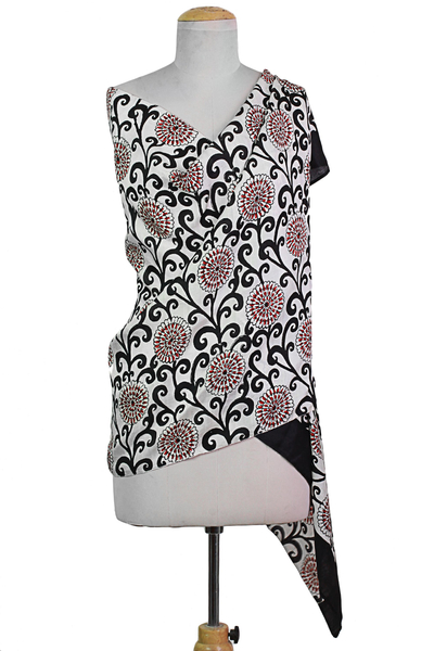 Silk shawl, 'Floral Vines in Black' - Hand Woven Printed Silk Shawl Floral Motifs from India