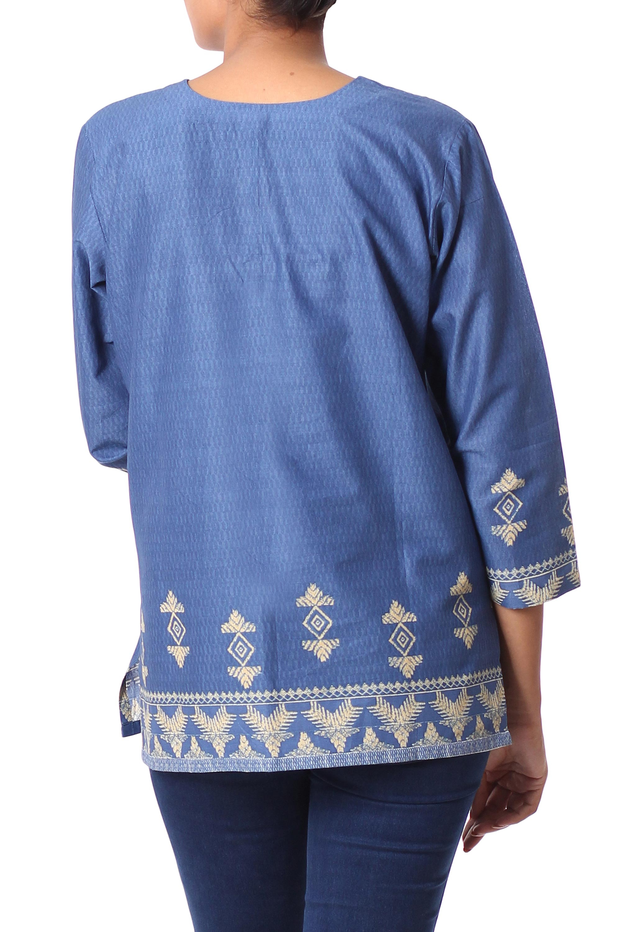 UNICEF Market | Steel Blue Cotton Tunic with Traditional Wheat Motif ...