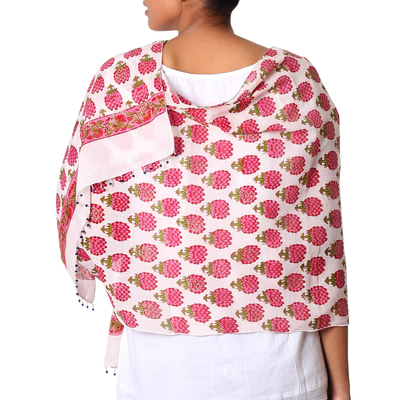 Cotton shawl, 'Glorious Lotus in Orchid' - Cotton Shawl with Bisque and Orchid Floral Motifs from India