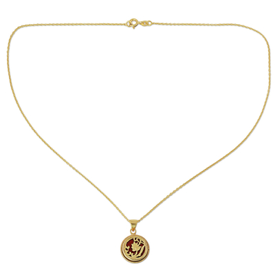 Gold plated pendant necklace, 'Leafy Circle' - Hand Made Gold over Silver Red Pendant Necklace India