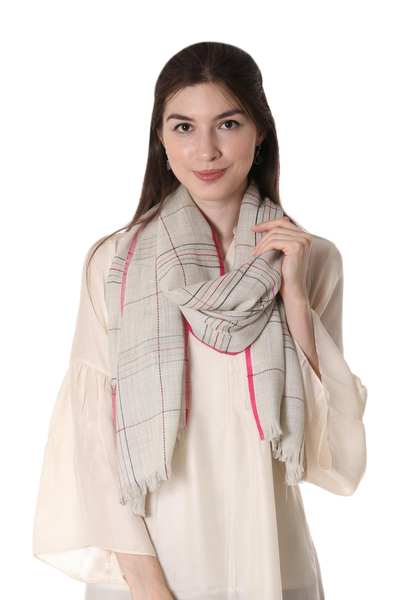 Wool shawl, 'Off-White Sophistication' - Wool Patterned Shawl in Off-White from India