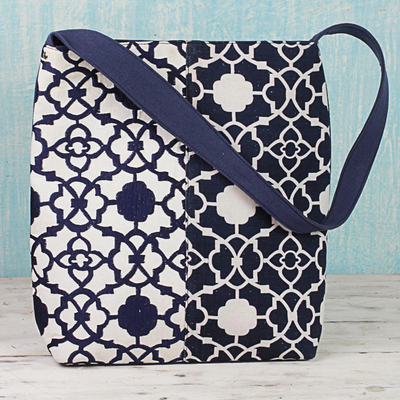 Cotton shoulder bag, 'Midnight Blue Elegance' - 100% Cotton Embroidered Shoulder Handbag from India