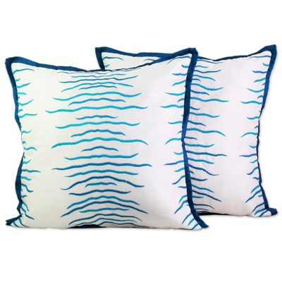 Embroidered cushion covers, 'Indian Waves' (pair) - Caribbean Blue Embroidered Cushion Covers (Pair) from India