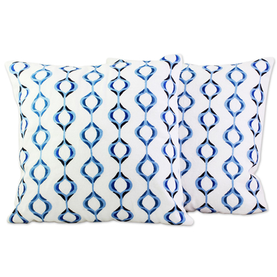 Cotton cushion covers, 'Exotic Hives in Cerulean' (pair) - Cerulean Blue Cotton Cushion Covers (Pair) from India