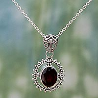Garnet pendant necklace, 'Red Glamour' - Hand Made Sterling Silver Garnet Pendant Necklace India