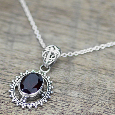 Garnet pendant necklace, 'Red Glamour' - Hand Made Sterling Silver Garnet Pendant Necklace India