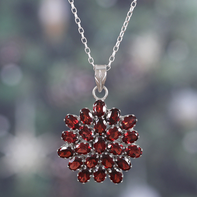 Garnet pendant necklace, 'Red Sunflower' - Hand Made Sterling Silver Garnet Pendant Necklace India