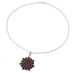 Garnet pendant necklace, 'Red Sunflower' - Hand Made Sterling Silver Garnet Pendant Necklace India