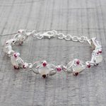 Moonstone and ruby link bracelet, 'Moon Red' - Sterling Silver Moonstone Ruby Link Bracelet India