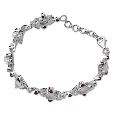 Moonstone and ruby link bracelet, 'Moon Red' - Sterling Silver Moonstone Ruby Link Bracelet India