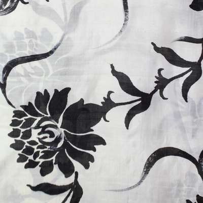 Silk shawl, 'Kolkata Blossoms in Black' - Hand Woven Silk Shawl Floral Motifs Black White from India