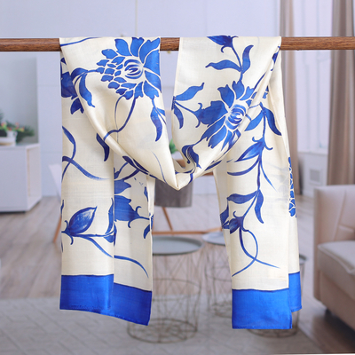 Silk scarf, 'Spring Blossom in Blue' - Hand Woven Silk Scarf Floral Motifs Blue Ivory from India