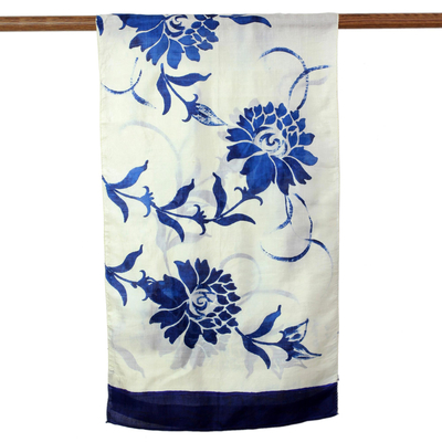 Silk scarf, 'Spring Blossom in Blue' - Hand Woven Silk Scarf Floral Motifs Blue Ivory from India