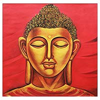 'Buda - Príncipe de la Paz' - Retrato de Buda Dorado Meditando Pintura Firmada