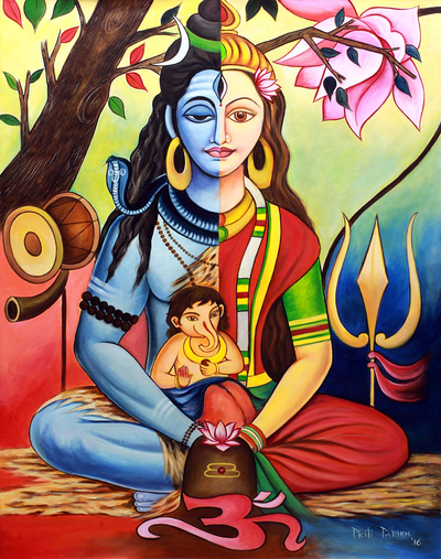 'Shiva's Family' - Multicolor Signed Hindu Painting Shiva Parvati and Ganesha