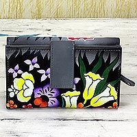 Hand Painted Leather Wallet Floral Motifs from India,'Buttercup Muse'