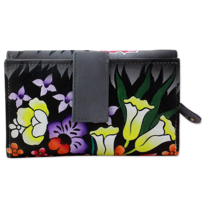 Leather wallet, 'Buttercup Muse' - Hand Painted Leather Wallet Floral Motifs from India