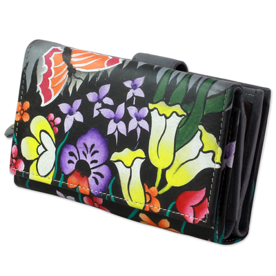 Leather wallet, 'Buttercup Muse' - Hand Painted Leather Wallet Floral Motifs from India