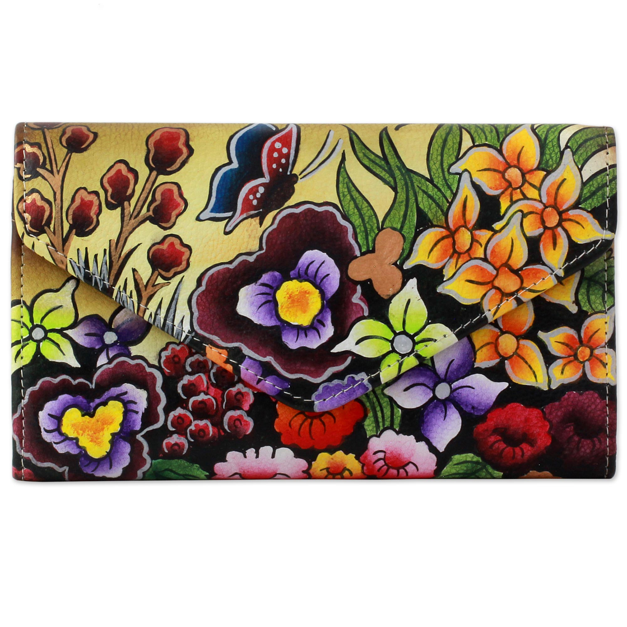 UNICEF Market  Hand Painted Leather Floral Wallet from India - Blue Lagoon