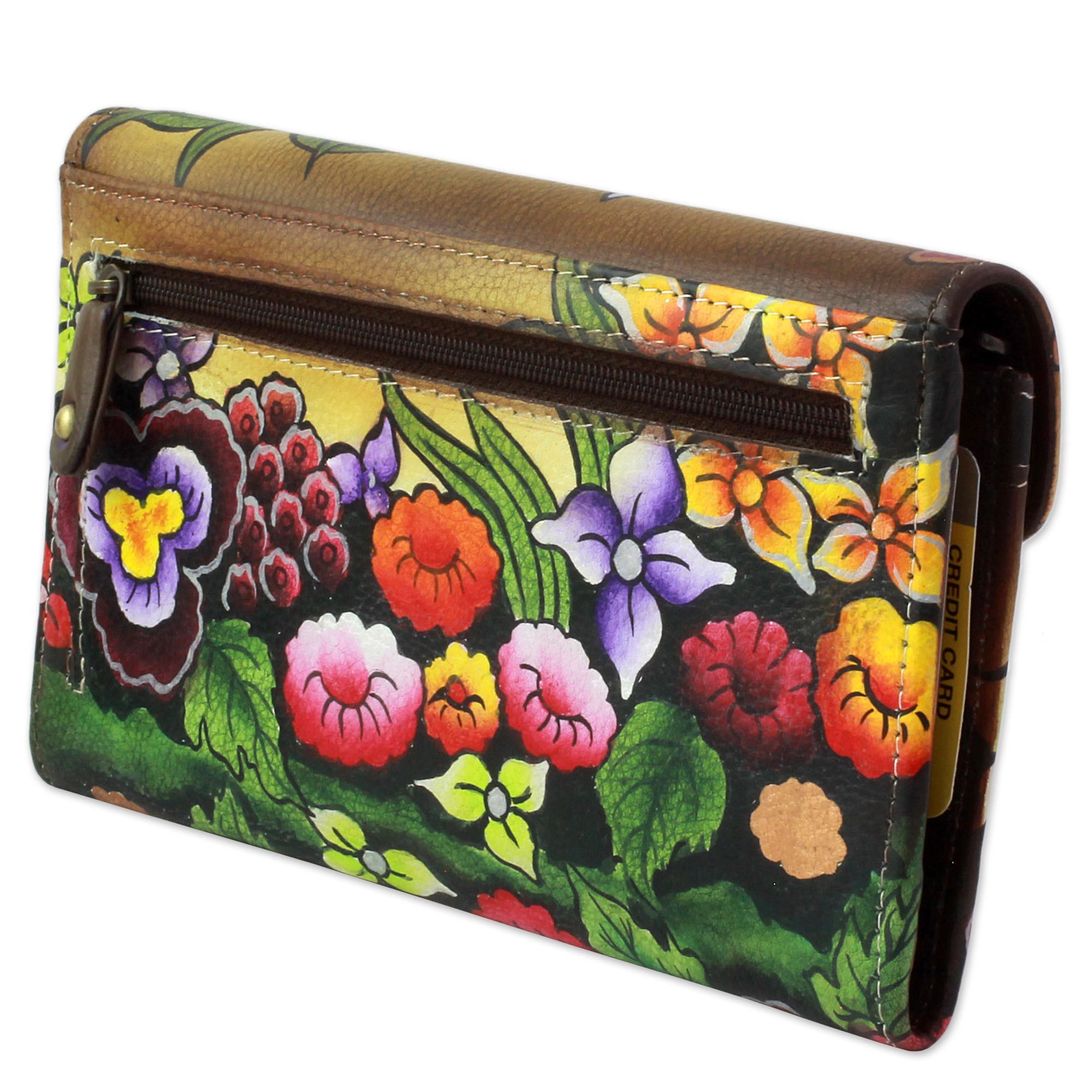 Hand Painted Flap Leather Wallet Floral Motifs from India Paradise Found NOVICA