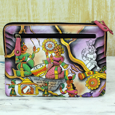 Leather clutch handbag, 'Royal Court' - Hand Painted Leather Clutch Handbag Multicolored from India