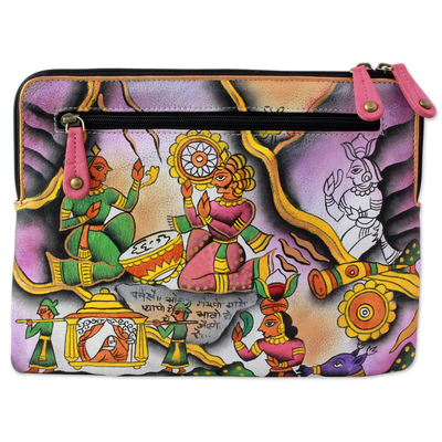 Hand Painted Leather Clutch Handbag Multicolored from India