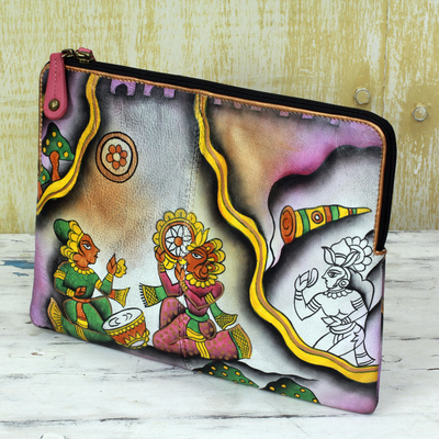Leather clutch handbag, 'Royal Court' - Hand Painted Leather Clutch Handbag Multicolored from India