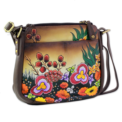 Brown Multicolored Leather Sling Handbag from India - Springtime ...