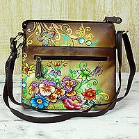Leather Sling Bag Brown Floral Motifs from India - Floral Brilliance ...