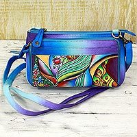 UNICEF Market  Hand Painted Leather Floral Wallet from India - Blue Lagoon