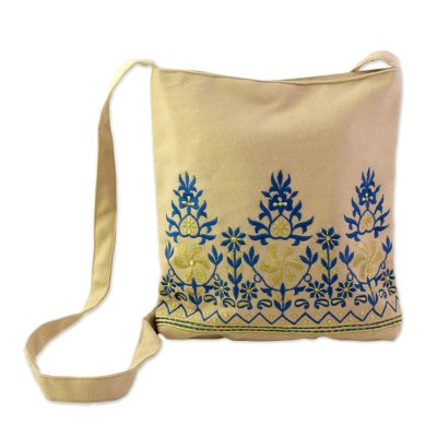 Cotton shoulder bag, 'Beige Delight' - Cotton Shoulder Bag Beige Floral Motifs from India