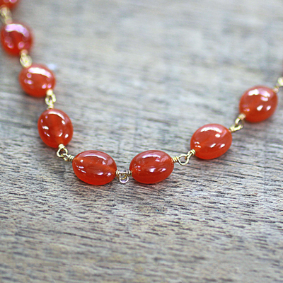 Gold plated carnelian long beaded necklace, 'Flaming Romance' - Hand Made Gold Plated Carnelian Beaded Necklace from India