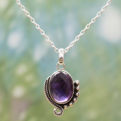 Amethyst pendant necklace, 'Indian Delight in Purple' - Sterling Silver Amethyst Pendant Necklace from India